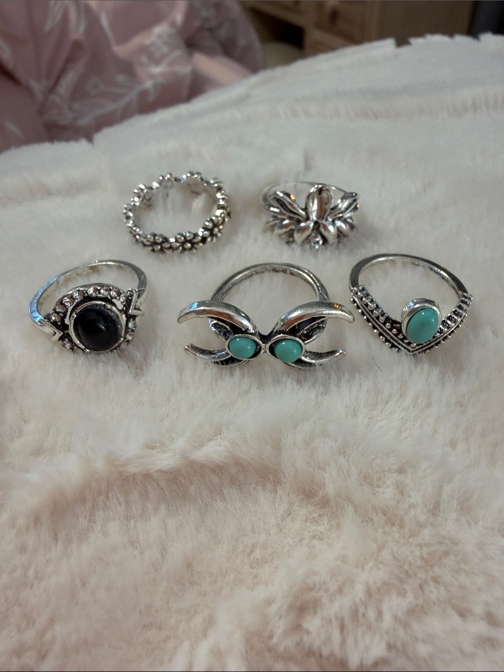 Sterling-Effect Silver Stackable Rings Set with Turquoise and Black Stones